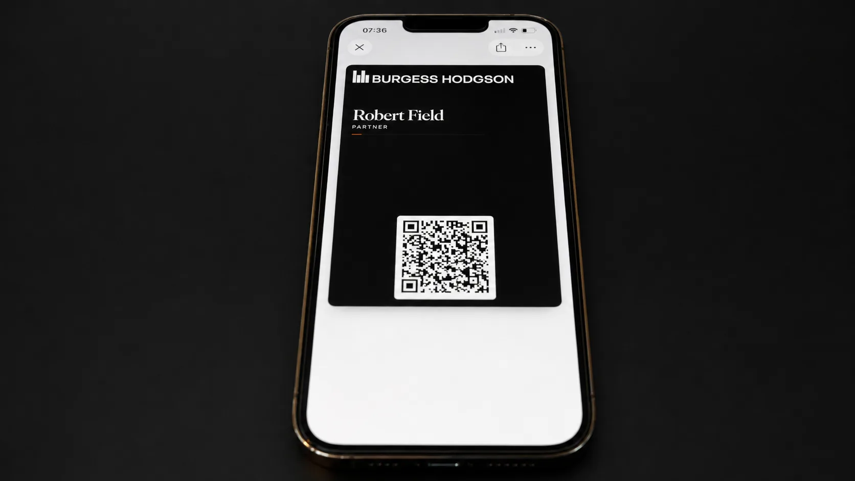 Burgess Hodgson Apple Wallet business card with scannable QR code
