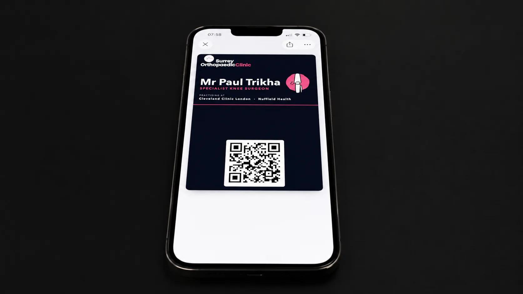 Surrey Orthopaedic Clinic Apple Wallet business card with scannable QR code
