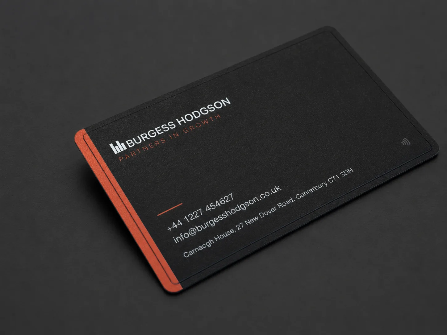 Burgess Hodgson NFC card reverse with contact details